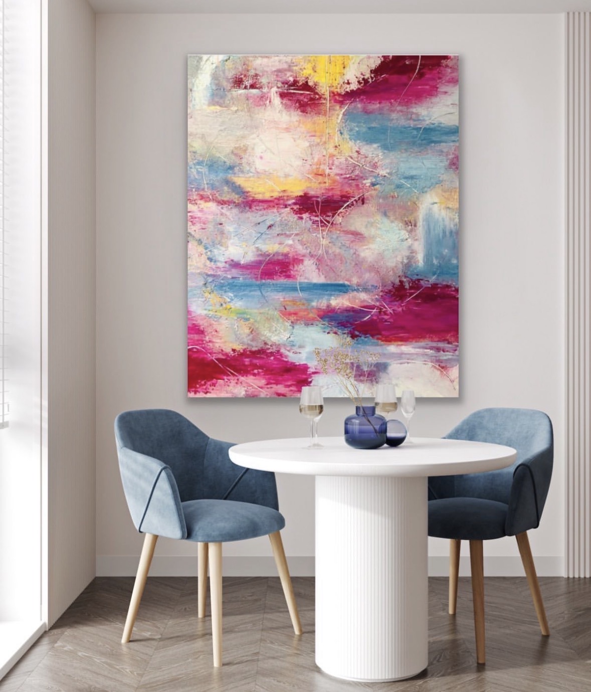 Contemporary original artwork curated in an elegant residential dining interior
