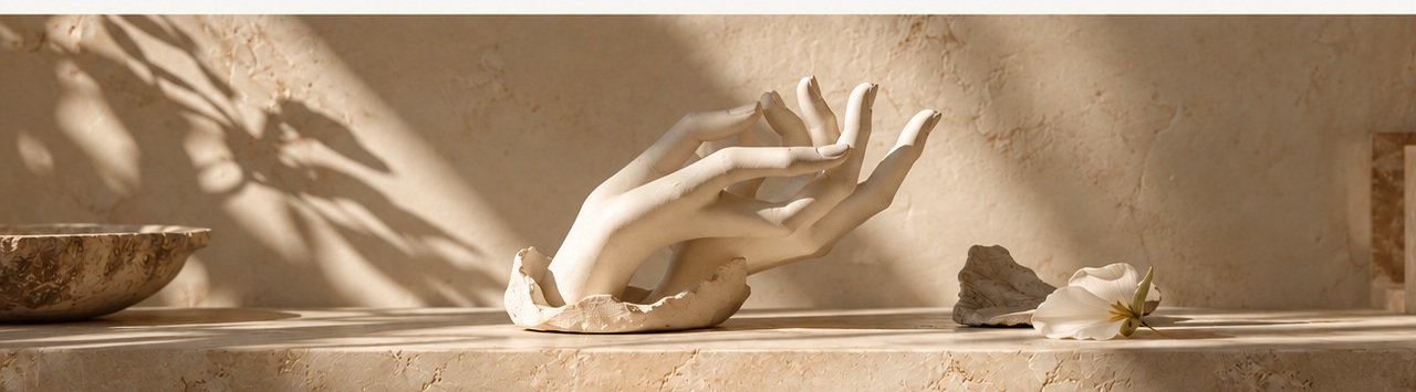 Sculptural ceramic hands in a quiet editorial art setting