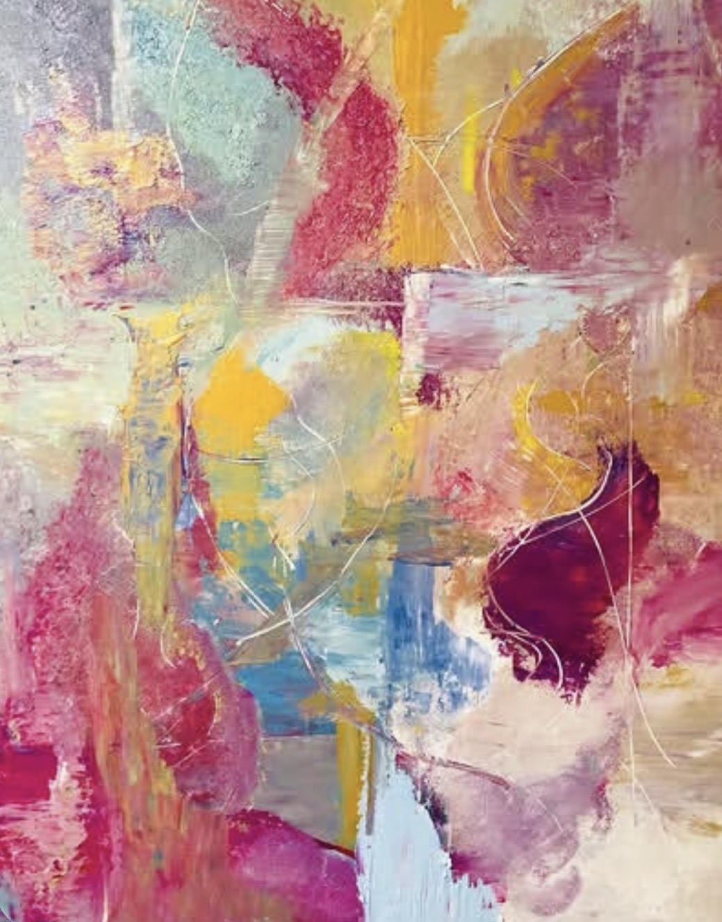 Original contemporary abstract painting by Scarlet Sanghavi in pink, blue and gold
