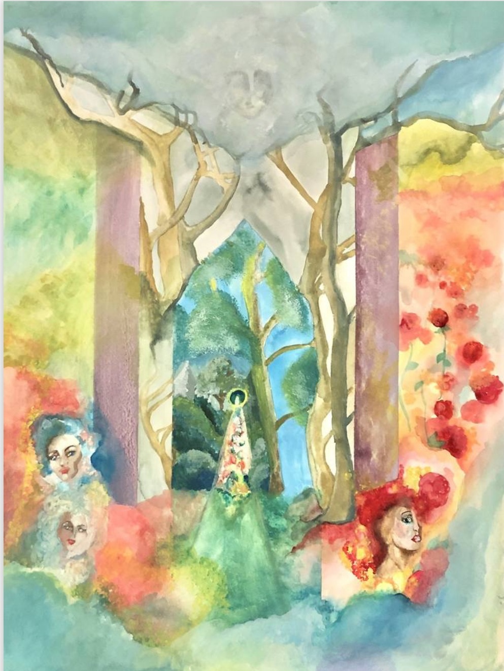 Original figurative garden painting by Scarlet Sanghavi with botanical forms and layered color