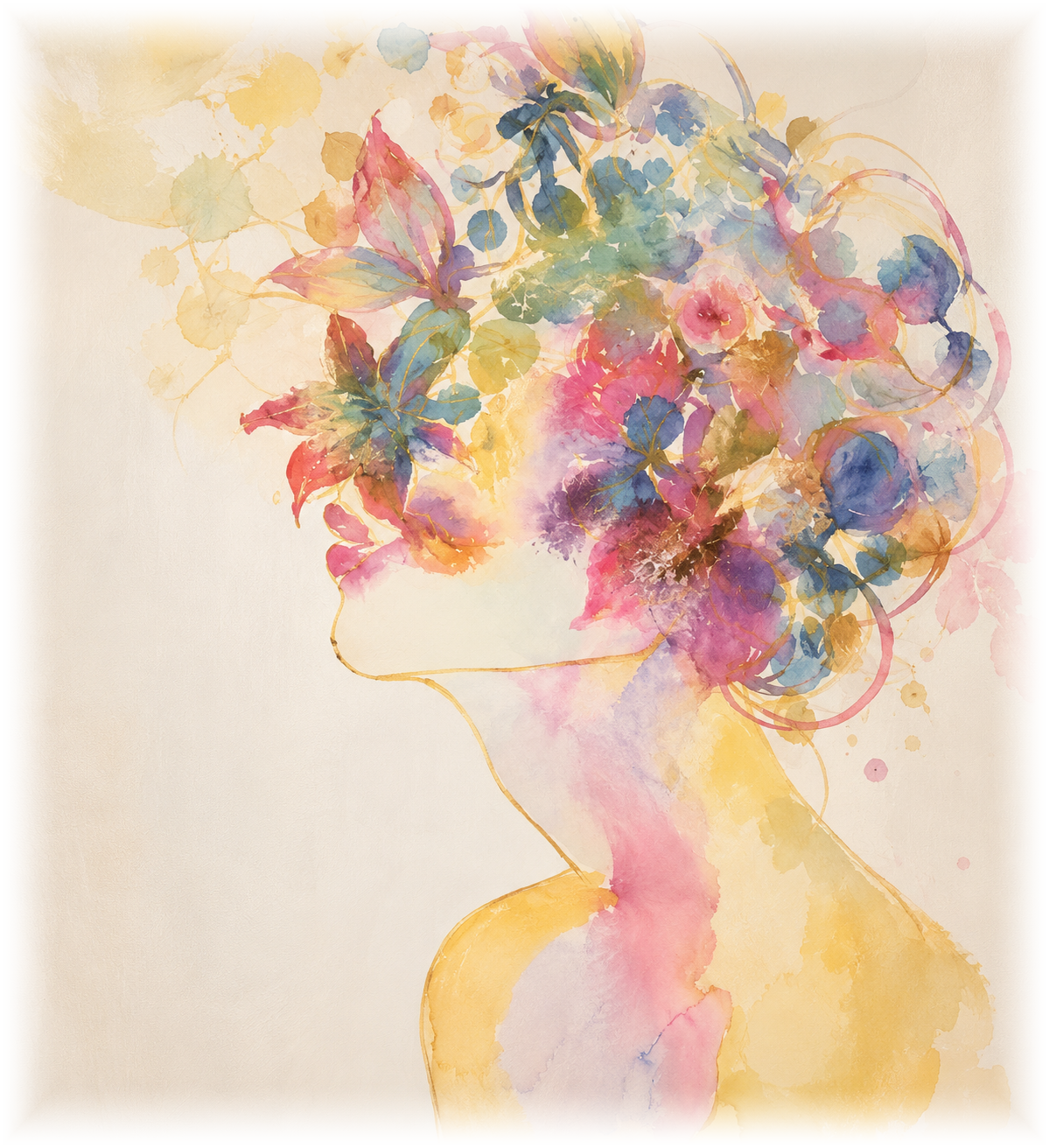 Editorial watercolor portrait with soft botanical flowers