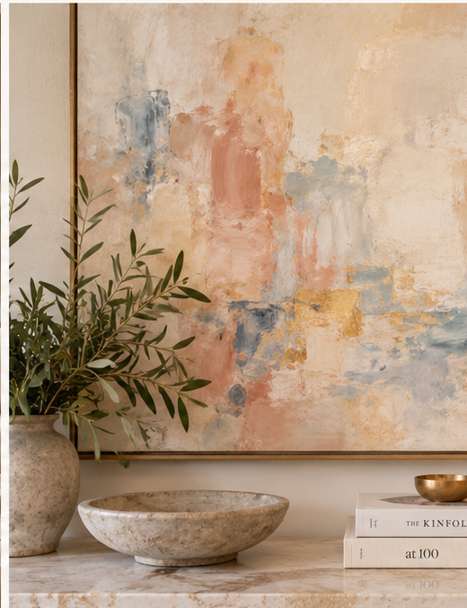 Soft neutral contemporary abstract artwork in an editorial interior